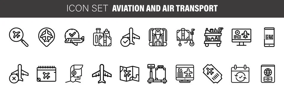 Flat thin line Icons set of AVIATION and Airport. Simple mono linear pictogra Stock Illustration
