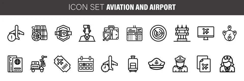 Flat thin line Icons set of AVIATION and Airport. Simple mono linear pictogra Stock Illustration