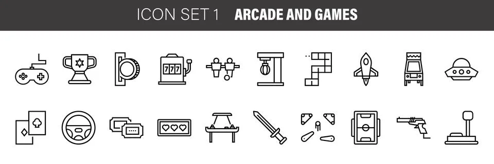 Flat thin line icons set. Vector collection of arcade games symbol. Isolated  Stock Illustration
