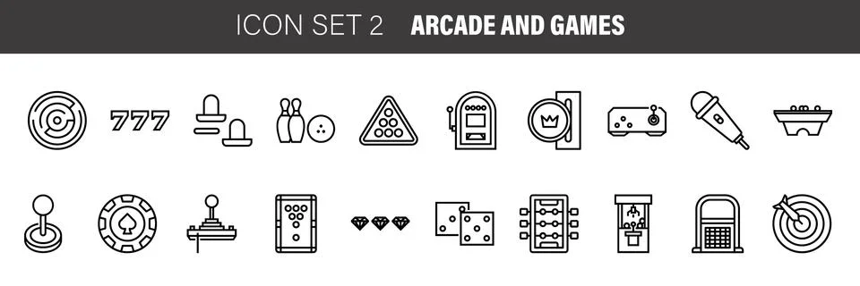 Flat thin line icons set. Vector collection of arcade games symbol. Isolated  Stock Illustration