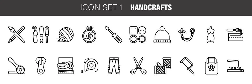 Flat thin line icons set. Vector collection of handcrafts . Isolated on white Stock Illustration