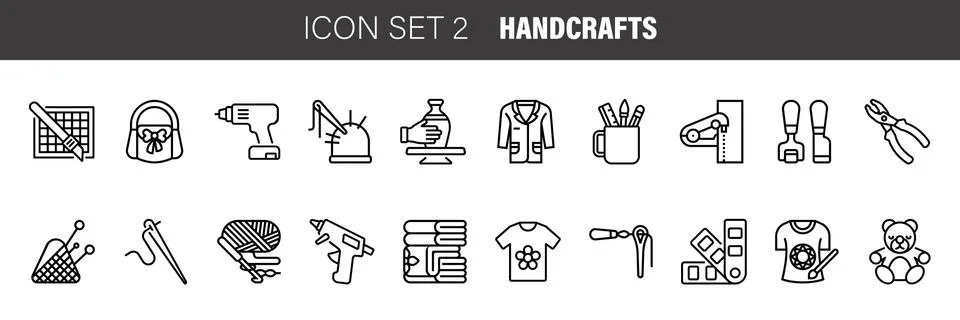 Flat thin line icons set. Vector collection of handcrafts . Isolated on white Stock Illustration