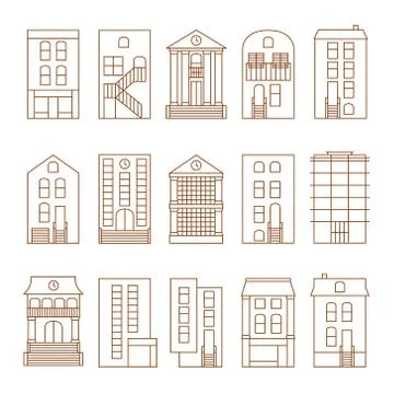 Flat thin line vector city buildings set. Downtown skyline constructor. Stock Illustration