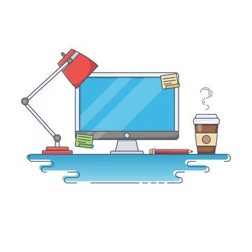Flat thin line vector illustration of Creative Workspace Stock Illustration