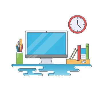 Flat thin line vector illustration of Creative Workspace Stock Illustration