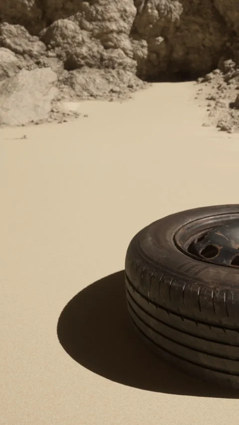 Flat tire on sandy terrain near rocky formation in outdoor setting Stock Footage 339413541