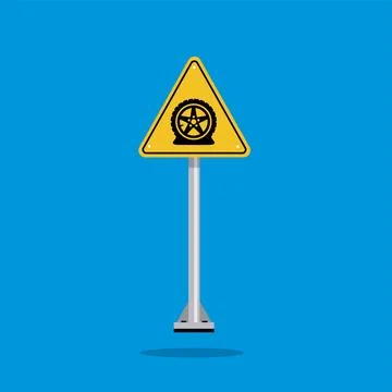 Flat tire warning sign on yellow triangle board Stock Illustration