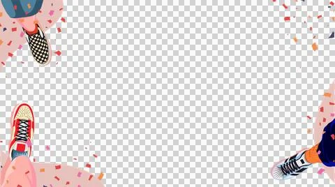 Flat top-down design showing three pairs of shoes with falling confetti over Ilustração Stock
