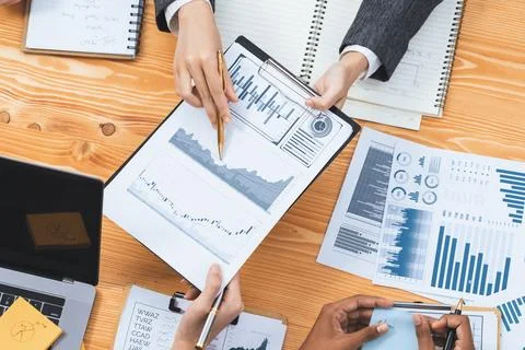 Flat top view analyst team use BI dashboard for data analysis. Concord Stock Photos