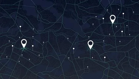 Flat top view city map with white location markers and connecting nodes. Stock Illustration