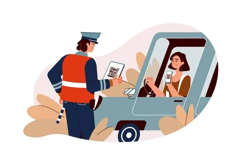 Flat traffic police inspector check digital driver licence of woman Stock Illustration