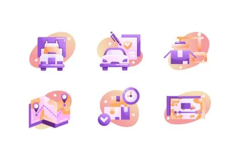 Flat transport logistics icon set with car, map, box, mark. Stock Illustration