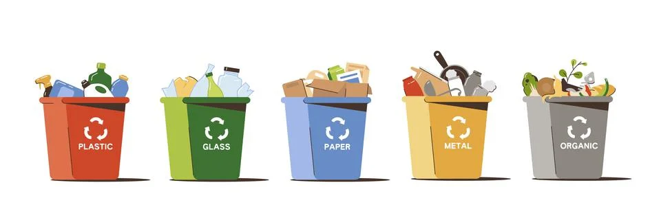 Flat trash bins for separate and recycle garbage Stock Illustration