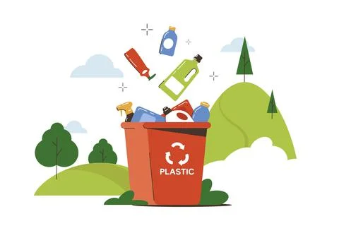 Flat trash can with waste plastic bottles Stock Illustration