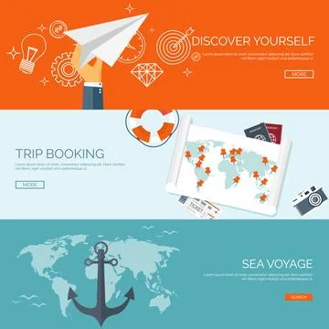 Flat travel background. Summer holidays, vacation. Plane, boat, car traveling Stock-Illustration