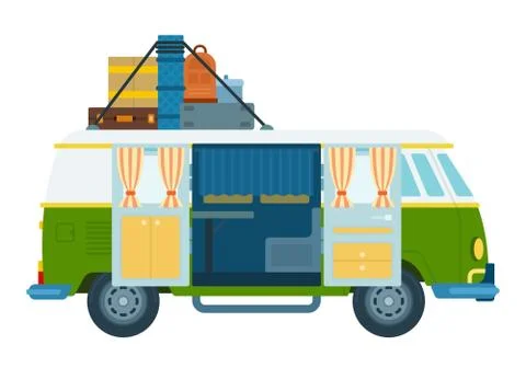 Flat travel camper van vector icon isolated on white background. Stock Illustration