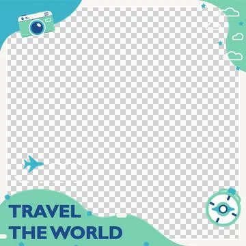 Flat travel frame is showing camera, airplane and travel text on transparent Stock Illustration