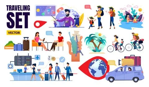 Flat Traveling Set Vector with Happy Tourists Stock Illustration
