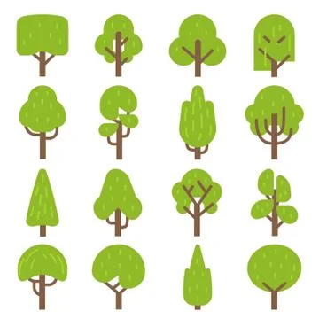 Flat tree. Forest trees, nature hardwood plants with green foliage. Ecology 스톡 일러스트