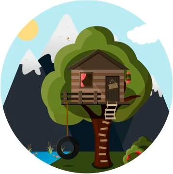 Flat tree house in the forest against the background of mountains and lake. Cute Stock Illustration