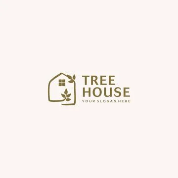 Flat TREE HOUSE leaves green home Logo design Stock Illustration