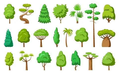 Flat tree set cartoon green forest plant side view Stock Illustration
