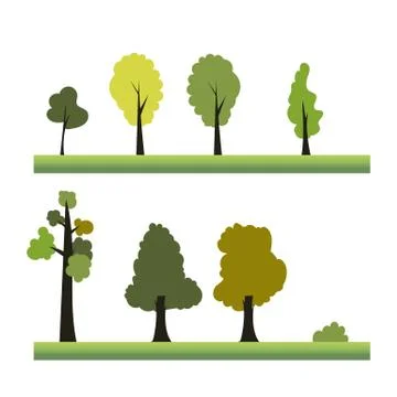 Flat treea design element illustration set vector.Plant set on grass. Illustrazione stock