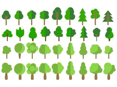 Flat trees. Trees set in a flat design. Vector icons. Illustrazione stock