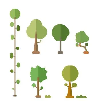 Flat trees vector set with bush and isolated white background 스톡 일러스트