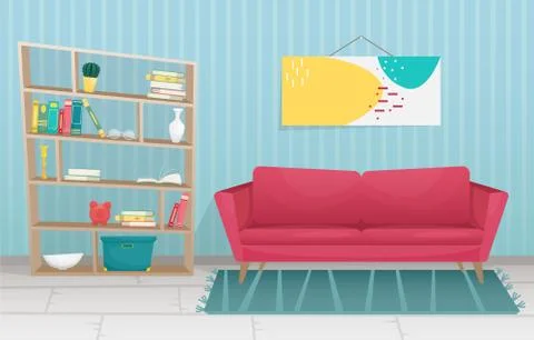 The flat trendy interior features a wooden-legged sofa and a bookcase. Stock-Illustration