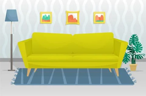 The flat trendy interior features a wooden-legged sofa Stock-Illustration