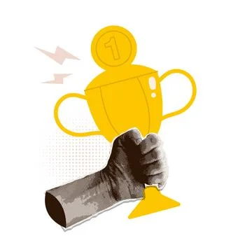 Flat trophy gold cup in winner s halftone collage hand. Sports mixed media retro Stock Illustration