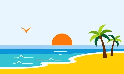 Flat tropical beach landscape vector featuring setting sun over ocean waves,  Stock Illustration