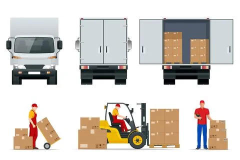 Flat truck side view, rear view. Delivery man. Boxes in a white truck. Open and Stock Illustration