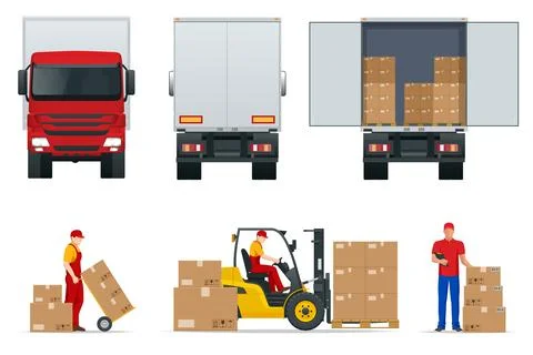 Flat truck side view, rear view. Delivery man. Boxes in a white truck. Open and Illustrazione stock