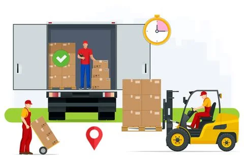 Flat truck side view, rear view. Delivery man. Boxes in a white truck. Open and Stock Illustration