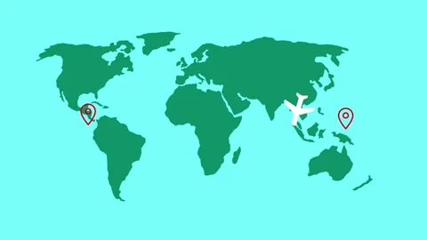 Flat turquoise world map with continents two location pins airplane icon an.. Stock Footage 337062072