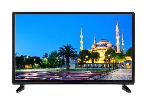 Flat TV with  mosque on the screen Stock Photos
