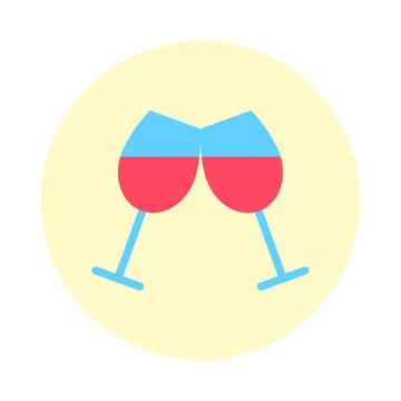 Flat two red wine glasses in yellow circle icon. Stock Illustration