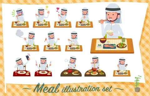 Flat type Arab men Meal Stock Illustration