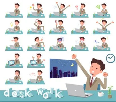 Flat type Beige suit beard man desk work Stock Illustration