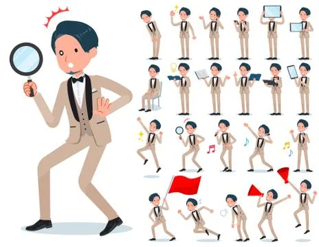 Flat type beige tuxedo men Action Stock Illustration