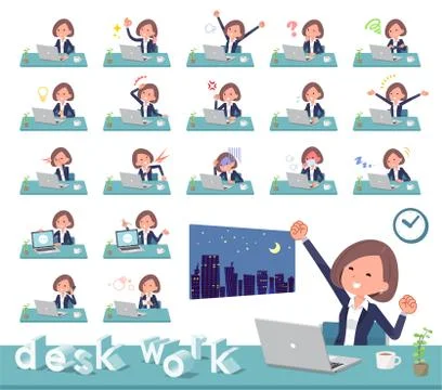 Flat type Black jacket pants business women desk work Stock Illustration