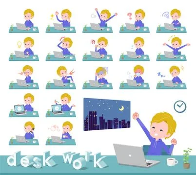 Flat type blond hair boy White desk work Illustrazione stock