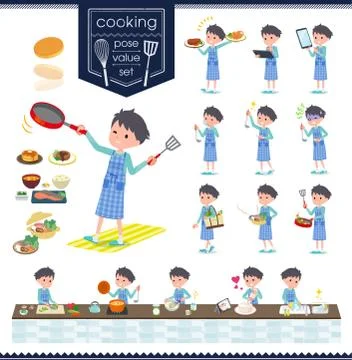 Flat type blue clothing boy cooking Stock Illustration