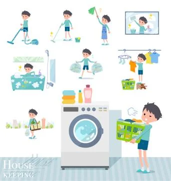 Flat type blue clothing boy housekeeping Stock Illustration