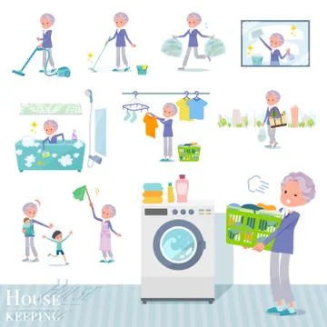 Flat type blue one piece old women housekeeping Illustrazione stock