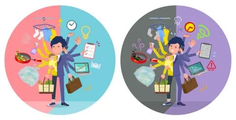 Flat type blue suit curly hair men mulch task switch イラスト素材