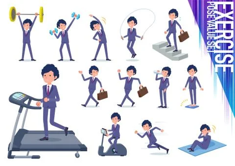 Flat type blue suit curly hair men exercise Stock Illustration