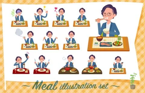 Flat type blue suit Glasses man Meal Illustrazione stock